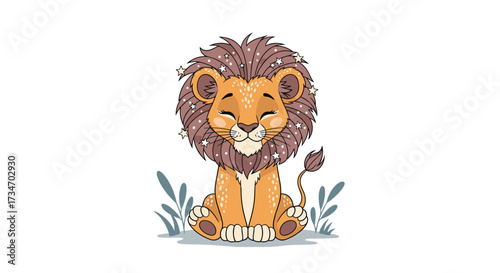 A cute baby lion sitting peacefully among some grass and leaves.