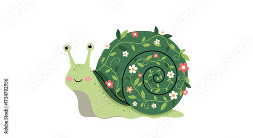 A whimsical green snail adorned with blooming floral vines and delicate buds.