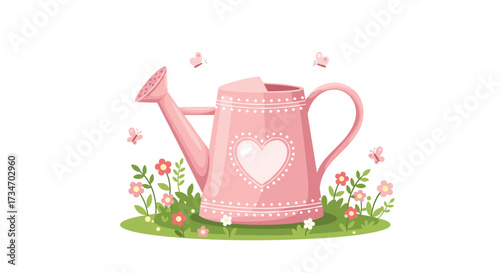 A charming pink watering can adorned with a heart shape sits in a garden with blooming flowers and fluttering butterflies.
