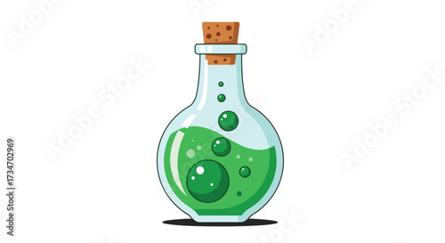 A bubbling green potion in a clear glass flask with a cork stopper sits on a white surface.