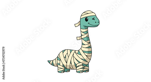 A cute mummy dinosaur wrapped in bandages.