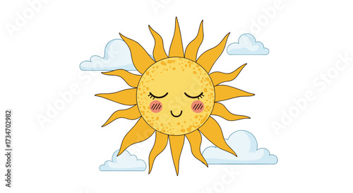A cute sun with closed eyes peeking through the clouds.