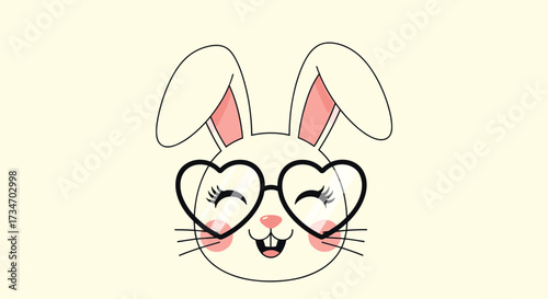 A cute bunny wearing heart shaped glasses smiling brightly.
