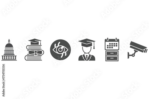 Vector art of collection of various icons related to education, government, and security, the icons are black and white the background is white