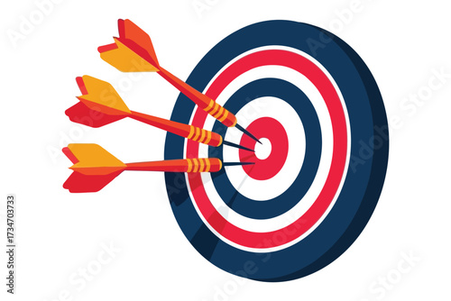 Vector art of a vibrant illustration of a dartboard with three darts hitting the bullseye, symbolizing accuracy, success, and achieving goals