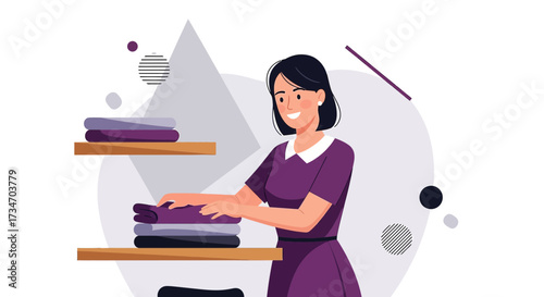 Woman folding laundry with a smile in an organized and clean laundry room atmosphere