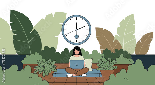 Woman working on her laptop with nature illustration, promoting productivity and well-being