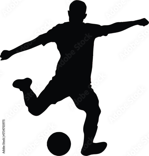 Black silhouette of a soccer player kicking a ball on a white background