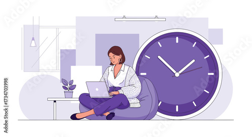 Woman working on laptop in comfortable setting emphasizing time management skills