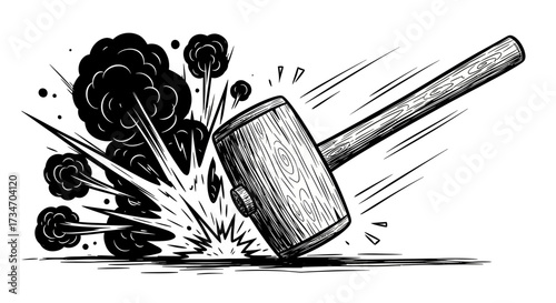 A large mallet smashes into the ground, creating an explosion of dust and debris.