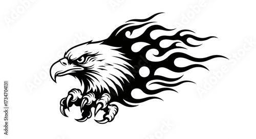 Graphic illustration of an eagle head with flames emanating from its neck and back, depicted in black and white.