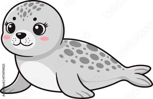 Cartoon baby seal with big eyes, gray body, white belly, pink cheeks, smiling face, vector illustration for kids, nature, design