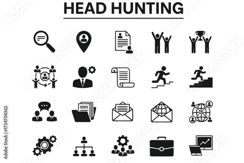 Vector art of headhunting icon set featuring job search, recruitment, and career advancement symbols in a clean, minimalist design
