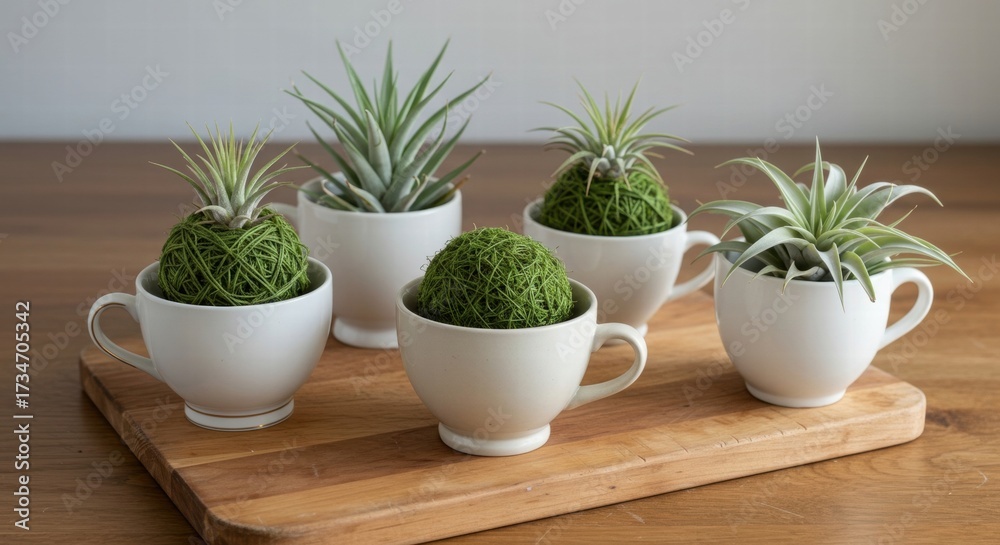 Fototapeta premium Air Plants in White Cups on Wooden Board, Creative Home Decor and Sustainable Design.