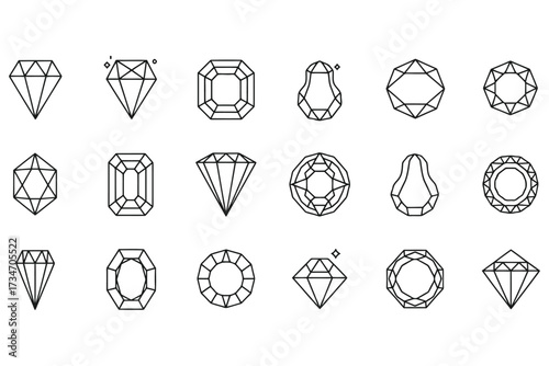 Vector art of collection of various diamond shapes in outline style set of linear precious stone icons for jewelry design, logo, or decoration gemstone concept