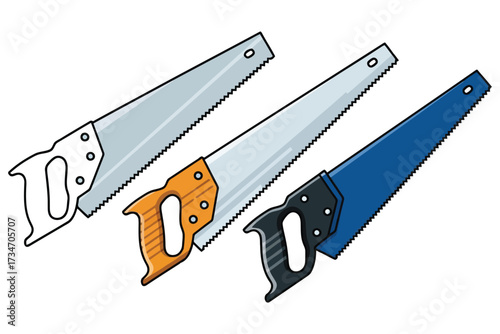 Vector art of set of hand saws with different handles collection of carpentry tools for woodworking, construction, or repair sawing concept