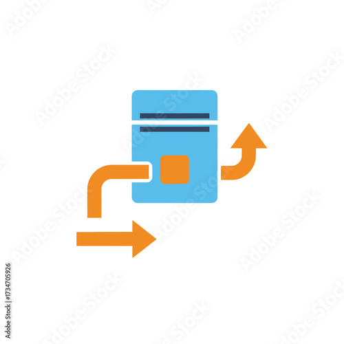 Iconic representation of data processing or server operations with input and multiple output flows, symbolizing data management and distribution.