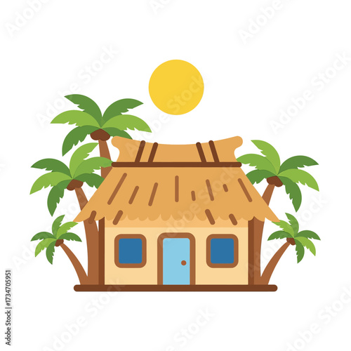 A cartoon illustration of a tropical beach hut with a thatched roof, surrounded by palm trees under a bright sun.