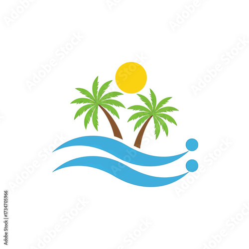 A stylized illustration of a tropical beach scene with two palm trees, a bright sun, and blue ocean waves.