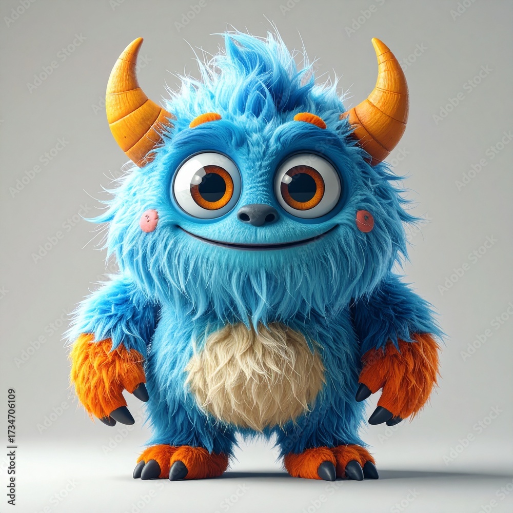 Fototapeta premium Cute fluffy blue monster with orange horns and a big friendly smile.
