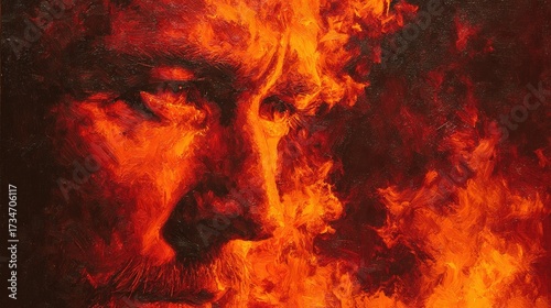   A man with a beard in front of a red and black background