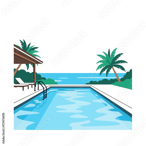 Illustration of a swimming pool with ocean view and palm trees.