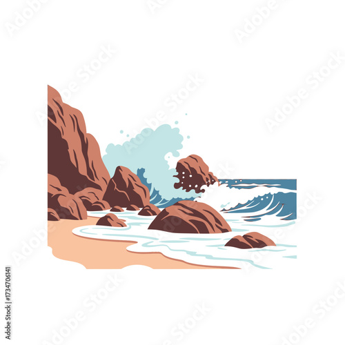 Coastal scene featuring a cliff, beach, rocks, and ocean waves with a stylized aesthetic.