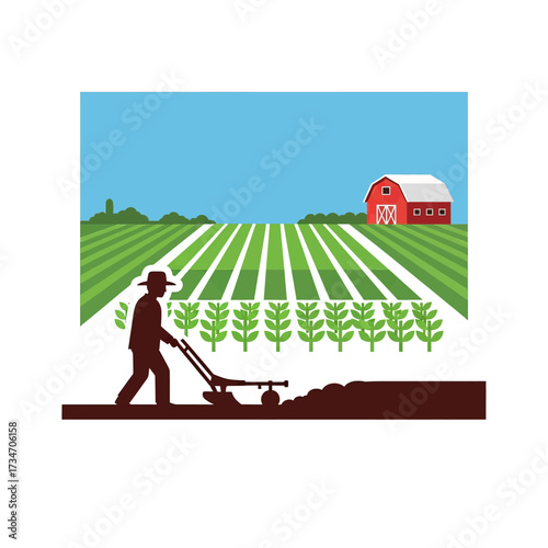 A farmer in silhouette plows a field with a hand plow, with rows of crops and a red barn in the background.