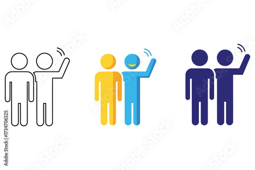 Illustration of two people standing together, waving, in different color variations, perfect for friendship or teamwork concepts