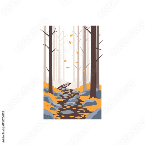 A winding stone path through a misty autumn forest with fallen leaves.