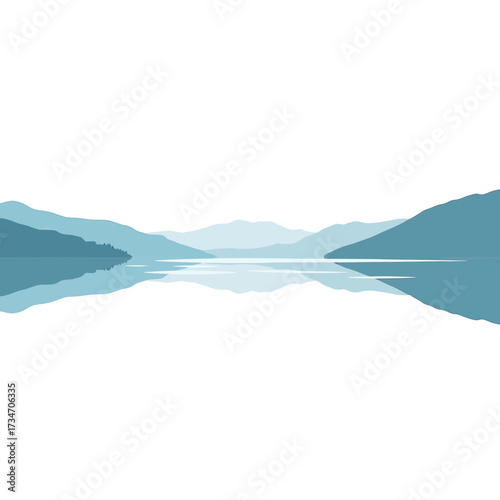 Minimalist vector illustration of serene blue mountains reflecting in a calm lake under a clear sky.