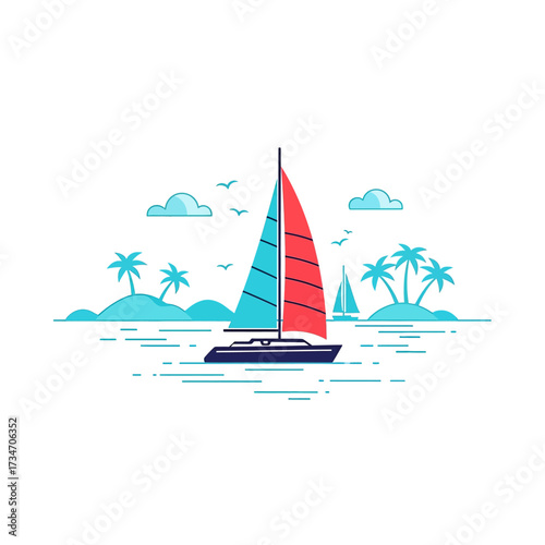 Illustration of a sailboat sailing on the ocean near tropical islands.