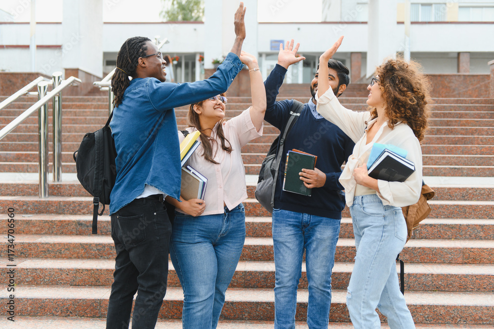 Fototapeta premium Diverse university students celebrating academic success high fiving outdoors