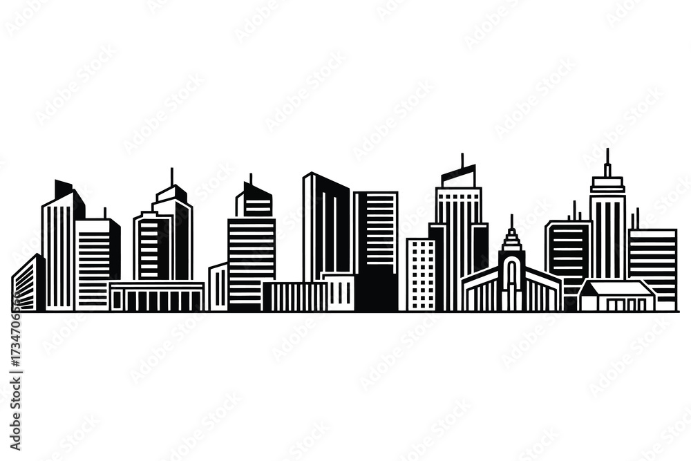 Fototapeta premium Vector art of black and white vector illustration of a city skyline the skyline is made up of various buildings and skyscrapers in a row