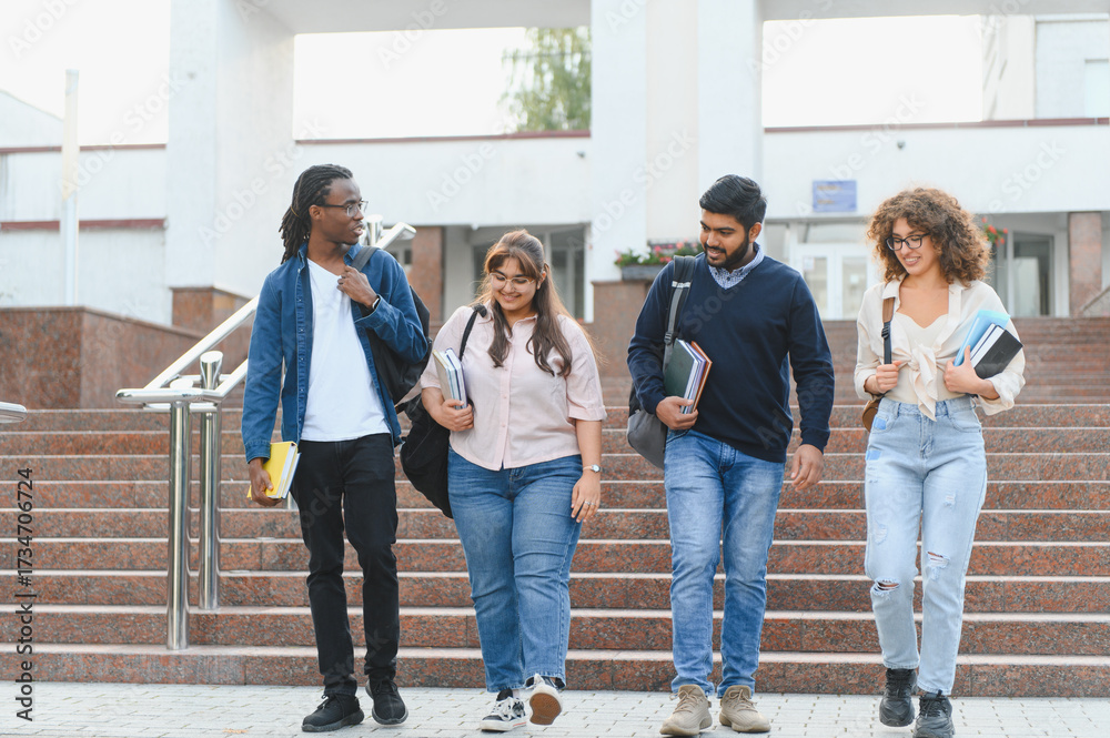 Fototapeta premium Diverse students walking down steps on university campus