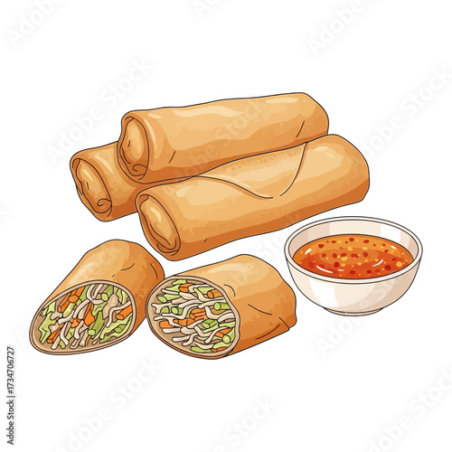 A detailed illustration of golden-brown spring rolls with a dipping sauce, showcasing the ingredients.