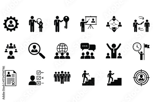 Vector art of a set of black business icons on a, depicting various aspects of human resources, management, and career development