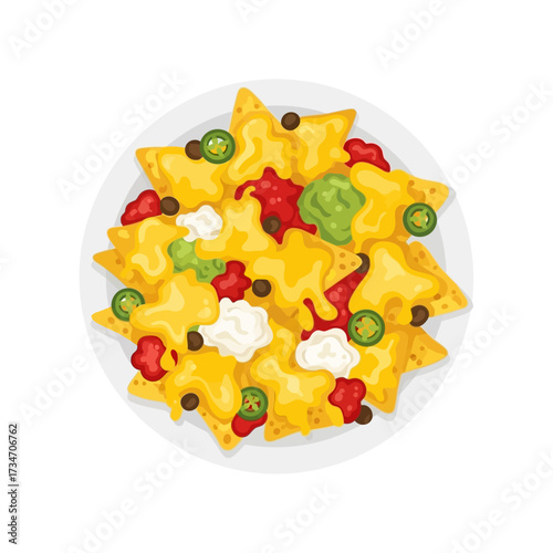 A top-down vector illustration of a plate of nachos with cheese, guacamole, salsa, sour cream, and jalapeños.
