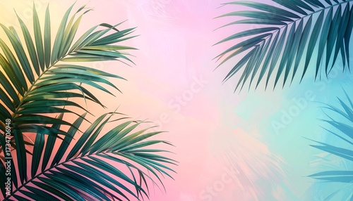 Lush Green Palm Fronds Against a Soft Pastel Gradient Background