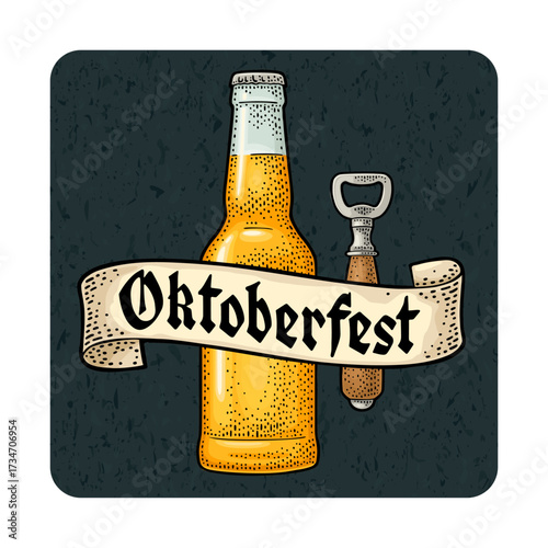 Glass bottle and opener with ribbon. Vector engraving color vintage illustration isolated on dark square. Oktoberfest gothic lettering. Advertising design for coaster