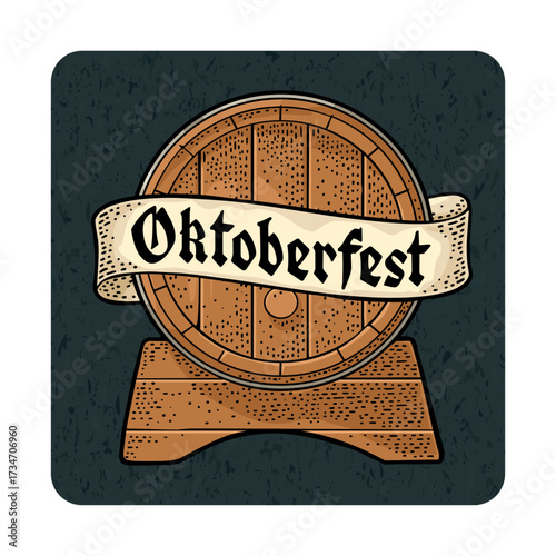 Wooden barrel. Vector engraving color vintage illustration isolated on dark square. Oktoberfest gothic lettering on ribbon. Advertising design for coaster