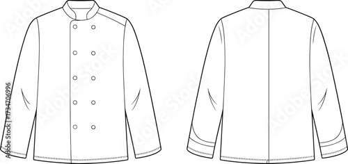 Chef jacket technical flat sketch, professional culinary uniform design, double breasted coat illustration, apparel fashion template, garment construction drawing, vector outline