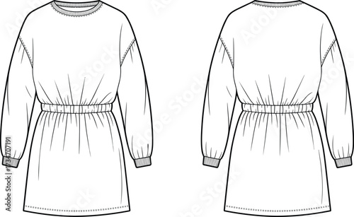 Long sleeve dress flat sketch, fashion technical drawing, casual apparel design, cinched waist illustration, garment template, clothing construction vector, stylish outfit outline
