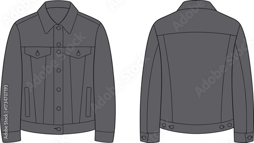 Denim jacket flat sketch, fashion technical drawing, casual outerwear design, button front coat illustration, apparel garment template, clothing construction vector outline