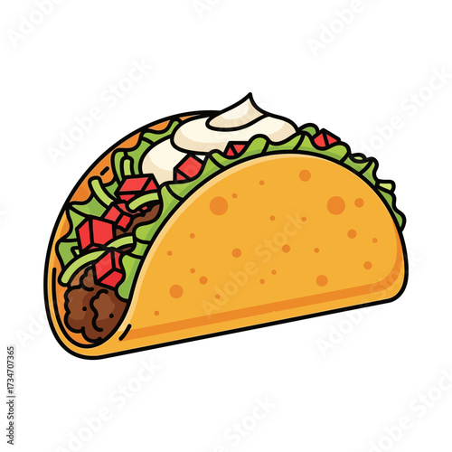 A delicious and colorful illustration of a classic taco filled with seasoned ground beef, lettuce, tomatoes, and sour cream.