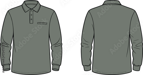 Long sleeve polo shirt flat sketch, fashion technical drawing, casual apparel design, button placket illustration, garment template, clothing construction vector outline