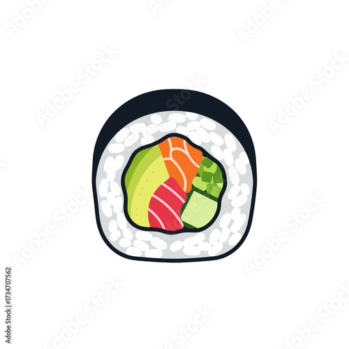 A colorful illustration of a single maki sushi roll with salmon, tuna, avocado, and cucumber fillings.