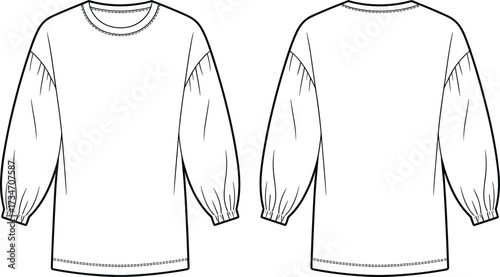 Long sleeve blouse flat sketch, puff sleeve shirt illustration, fashion technical drawing, loose fit top design, apparel garment template, vector clothing outline