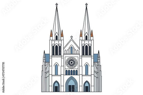 Illustration of a cathedral, showcasing its architectural details, including the facade, towers, windows, and overall design in a vector format