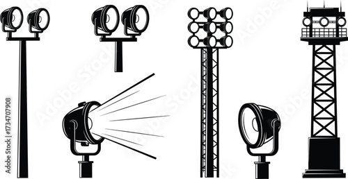 Black silhouette vector illustration of stadium floodlights, spotlight towers, stage lighting equipment and searchlights isolated on white background design.